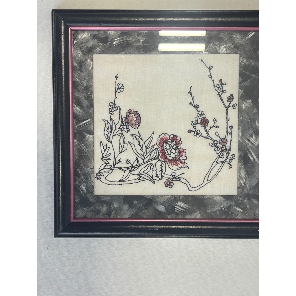 Vintage Framed Floral Embroidery Art Pink Botanical Stitched Wall Decor 14.5"